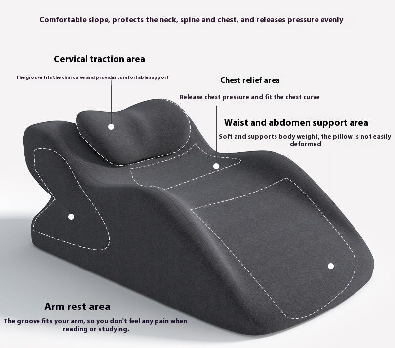 Ergonomic pillow with labeled features on a white background