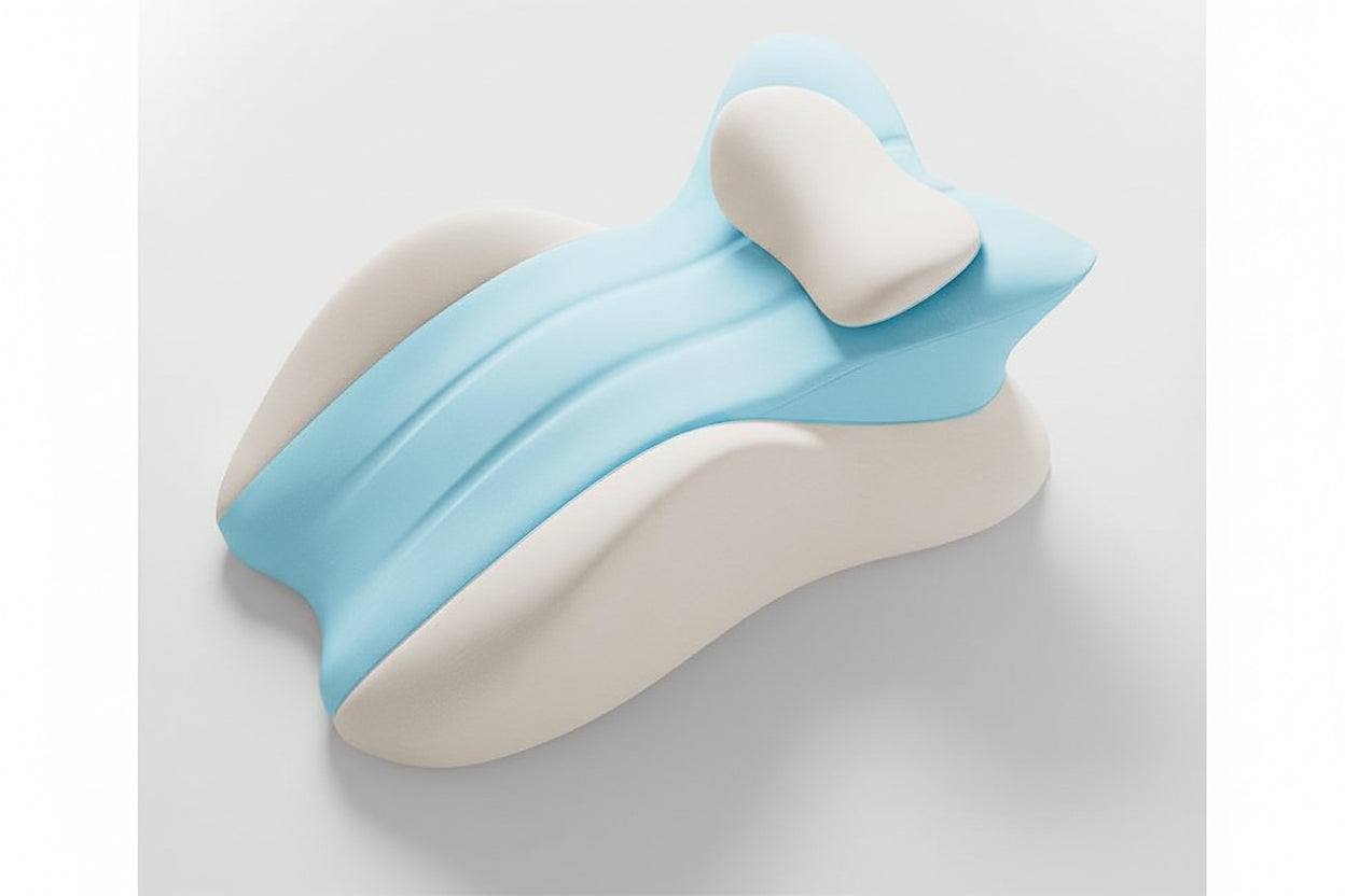 Blue and white wrist rest on a light gray background with text 'Free your hands and relax your whole body'.