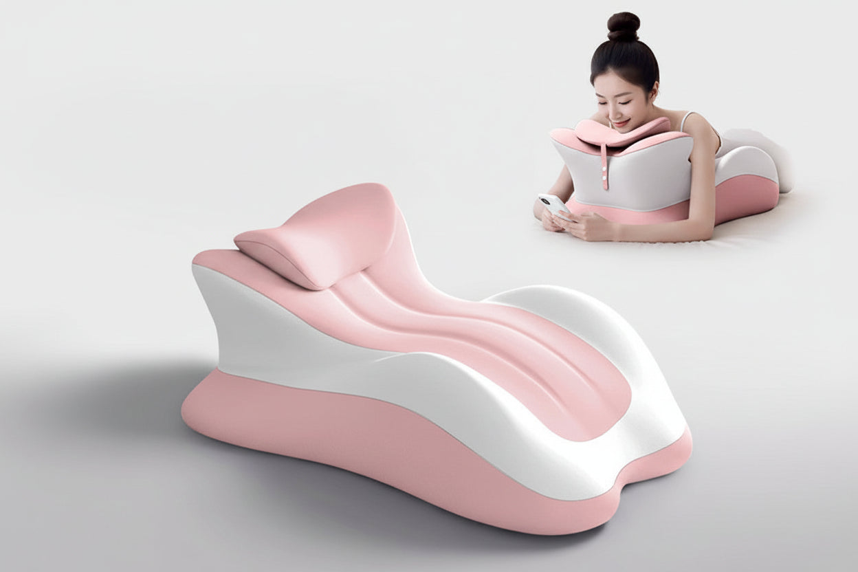 Pink and white phone pillow with a woman using a phone, text about phone posture support.