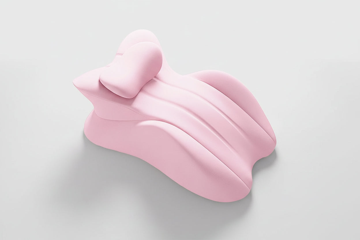 Pink handheld massager on a light gray background with text 'Free your hands and relax your whole body'.