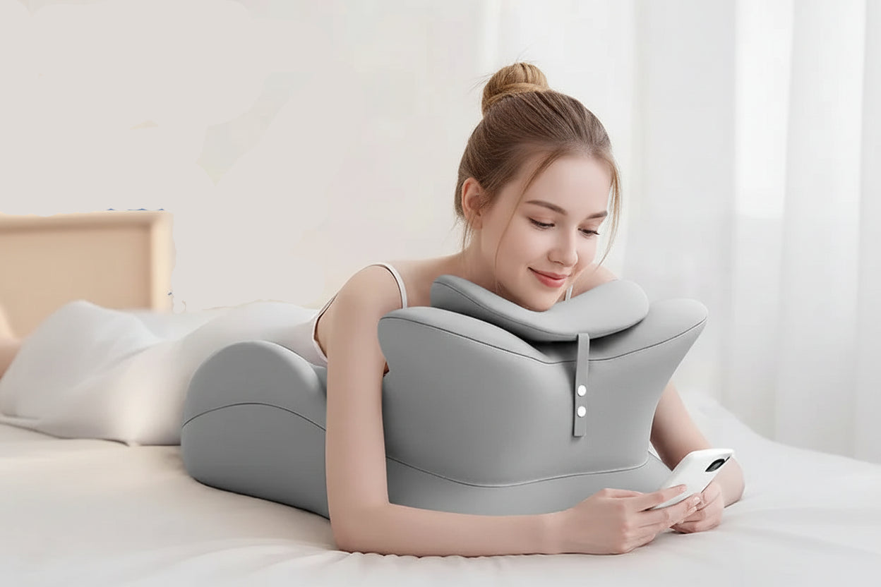 Woman using a neck pillow with text about its comfort and angles.