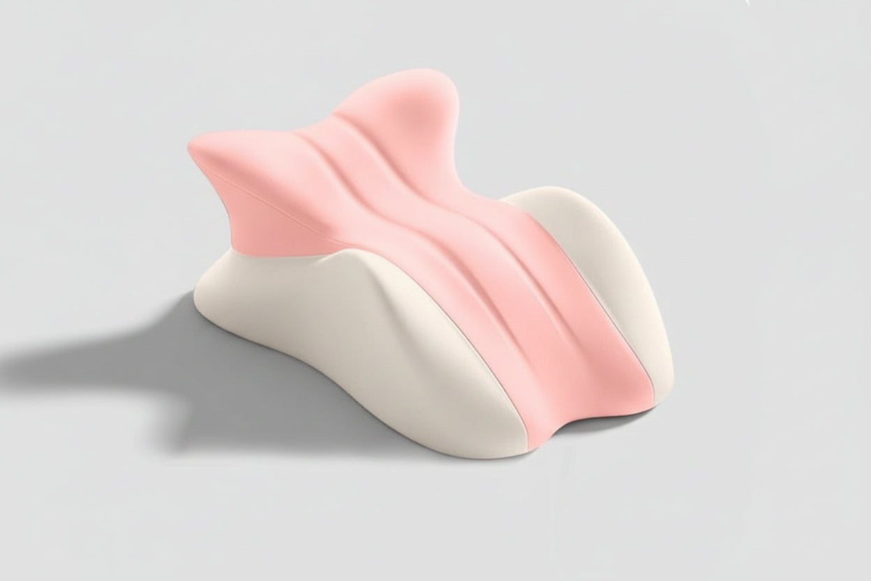 Pink and gray cushion on a light gray background