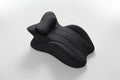 Black neck pillow on a light gray background with text 'Free your hands and relax your whole body'.