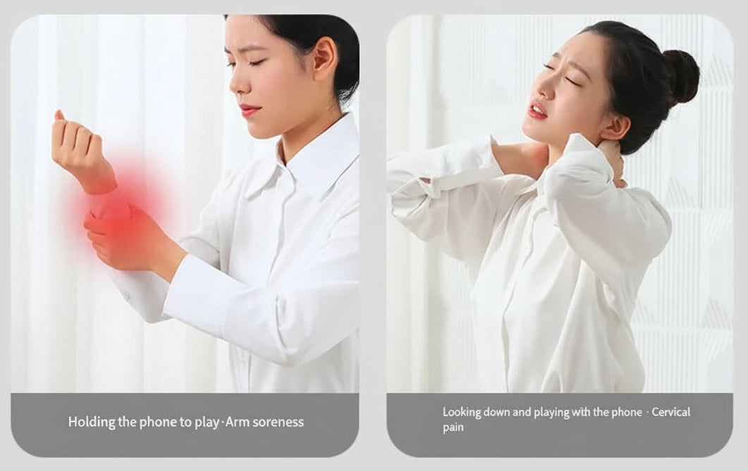 Illustrations of common discomforts like arm soreness, neck pain, leg swelling, and back discomfort.