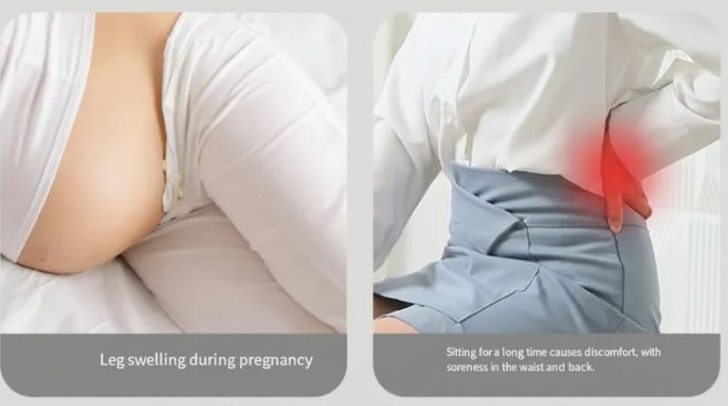 Illustrations of common discomforts like arm soreness, neck pain, leg swelling, and back discomfort.