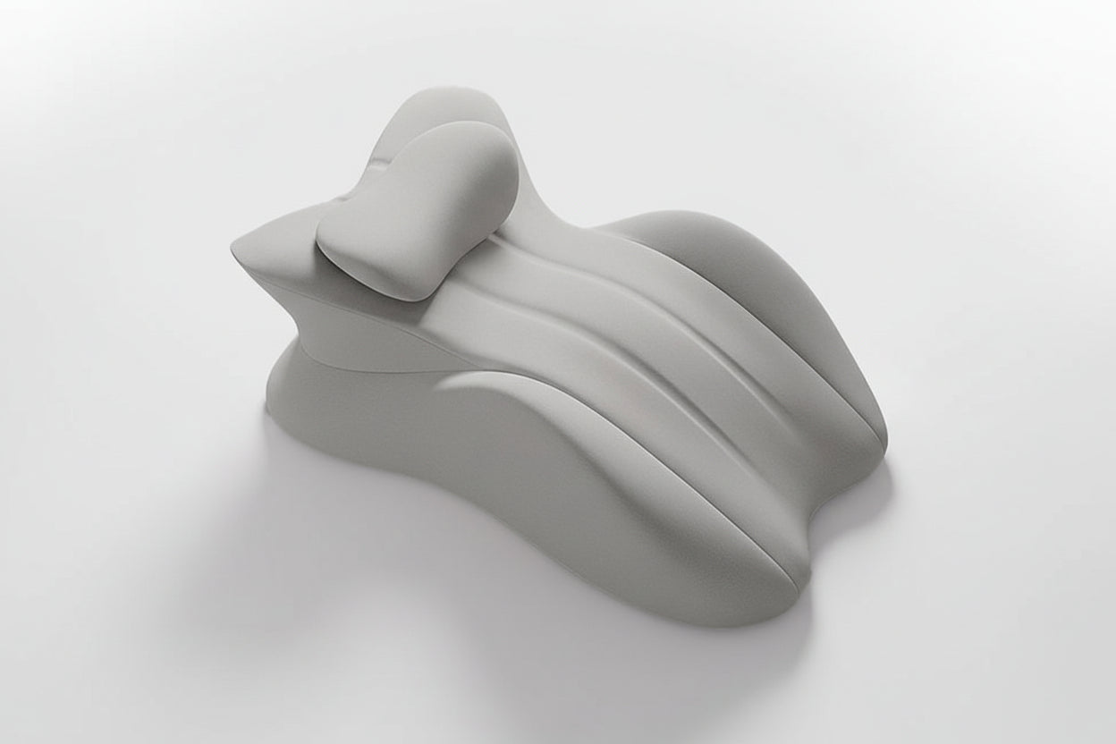 Gray neck pillow on a light gray background with text 'Free your hands and relax your whole body'.