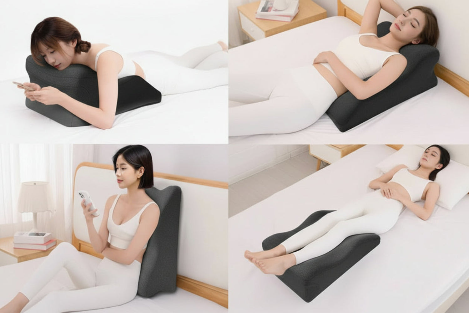 Woman using a gray wedge-shaped pillow in various positions