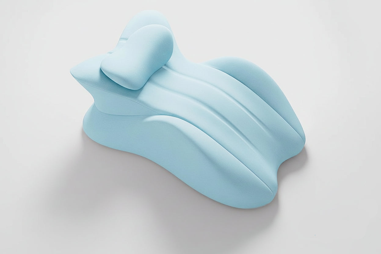 Blue hand rest on a light gray background with text 'Free your hands and relax your whole body'.