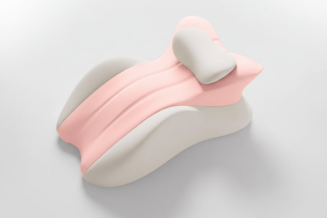 Pink and gray wrist rest with text 'Free your hands and relax your whole body' on a light gray background.