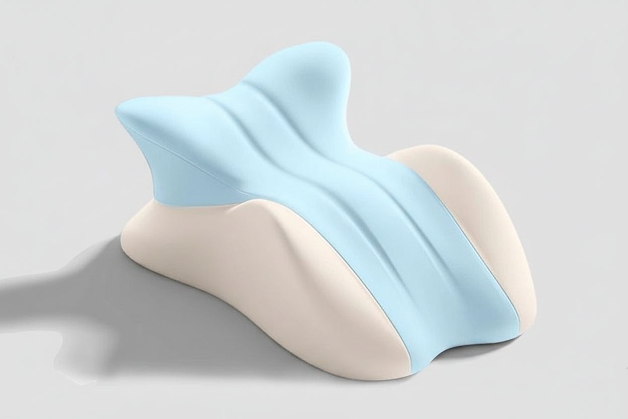 Blue gray shark fin pillow on a light gray background